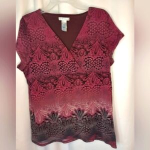 Liz Claiborne Womens Y2K Mesh Short Sleeve Top XXL V Neck Purple Mandala Disco